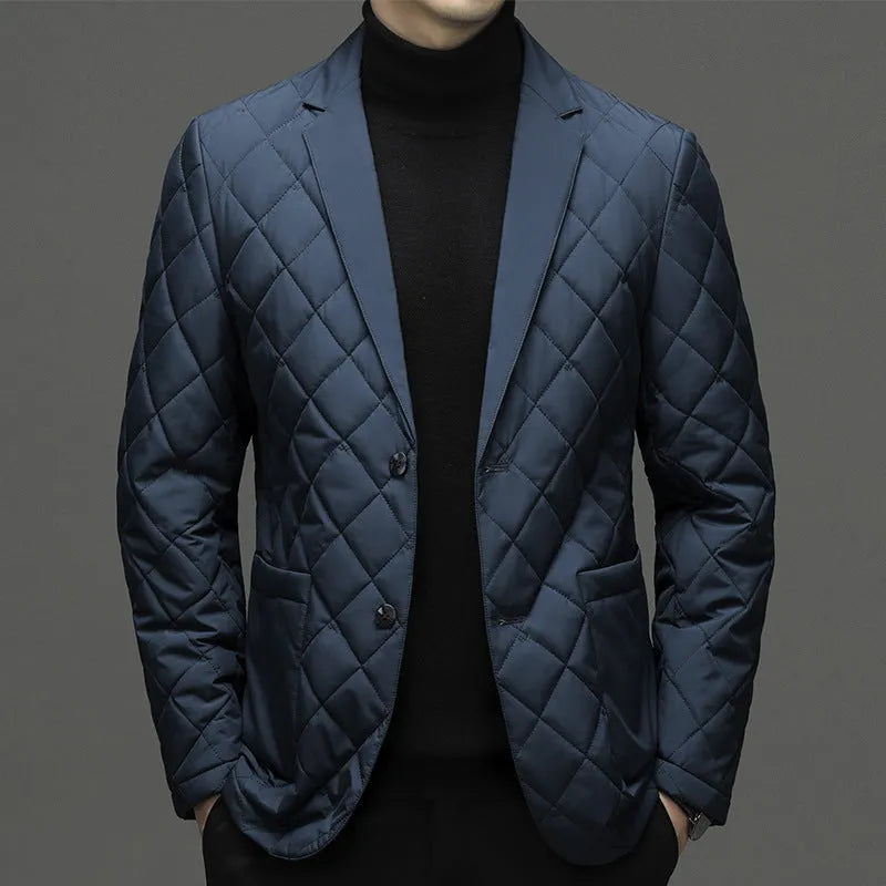 Men's black lapel down jacket with side pockets showing thickened winter construction