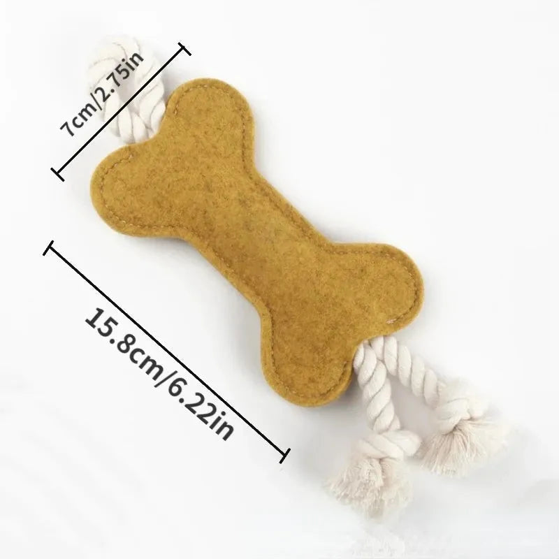 Bone-shaped dog chew toy with rope knot design in felt fabric, available in multiple colours