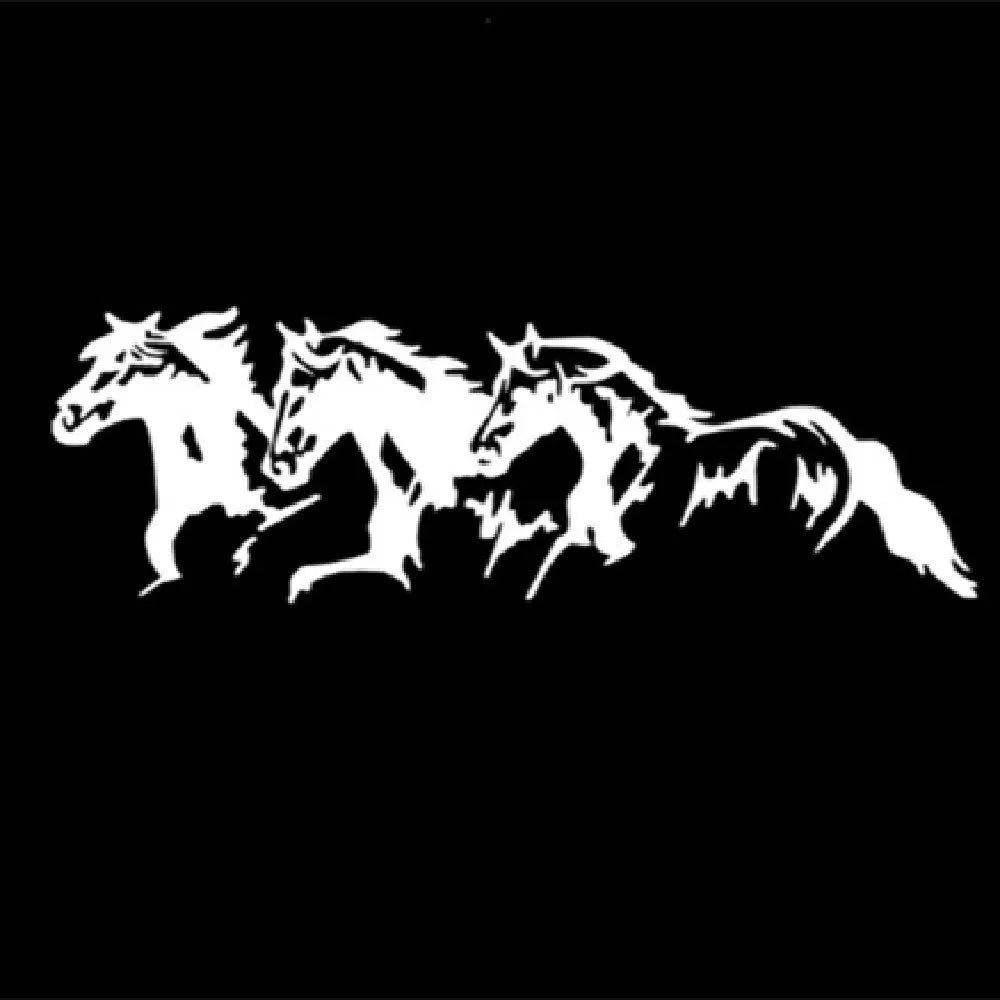 Black, white, red, and blue three-horse steed vinyl car decal sticker measuring 25 by 8 centimetres.