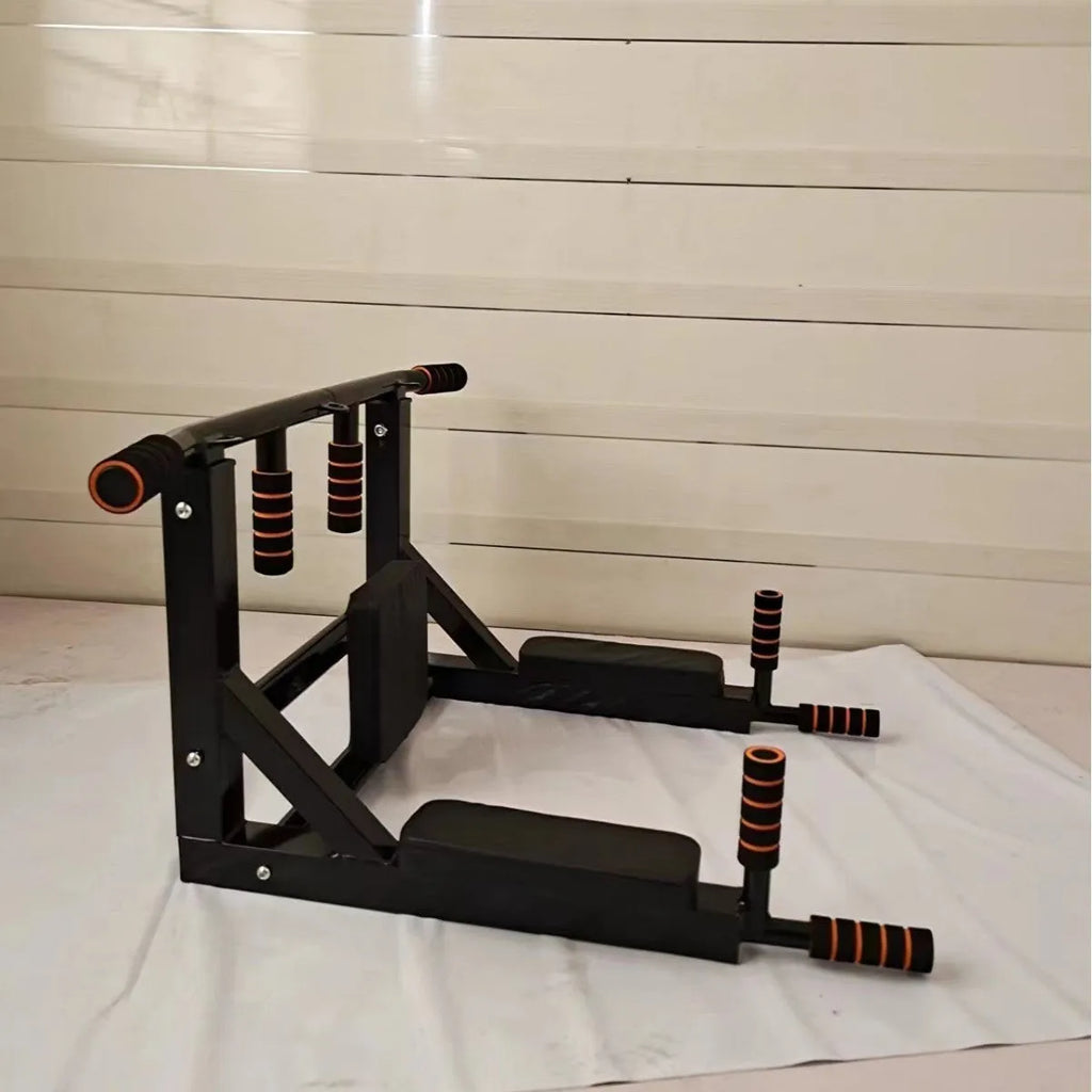 Black wall-mounted fitness equipment with sandbag rack and parallel pull-up bars measuring 77x47x11cm