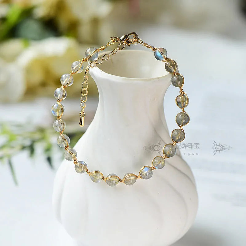 Women's natural crystal blue moonstone bracelet with 6mm stones and 14K gilded metal
