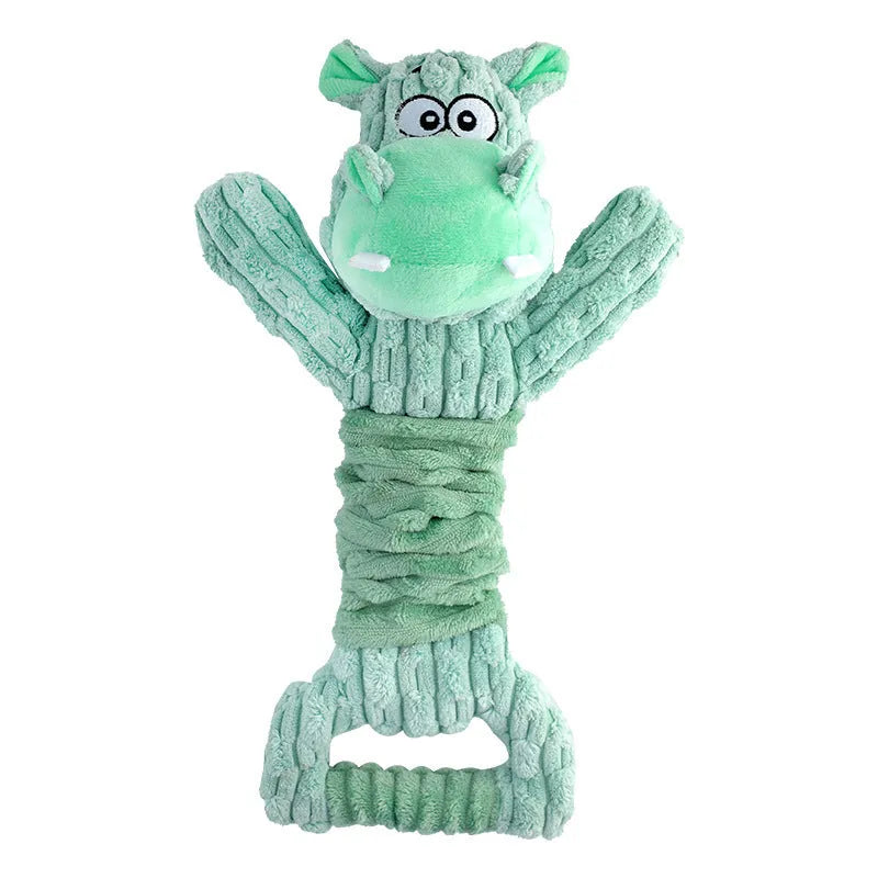 Large soft plush dog toy shaped like a hippo or monkey with a telescopic handle at the base