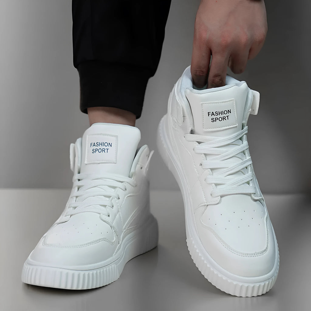Men's solid white casual shoes with round toe and microfiber upper for autumn and winter