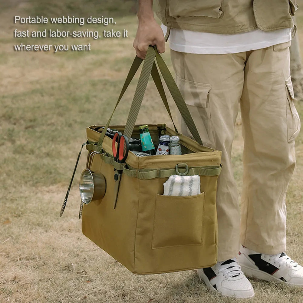 Khaki outdoor folding storage box and shopping bag, 600D Oxford cloth with EPE, approx 370x330mm, with hanging holes and D buckles.