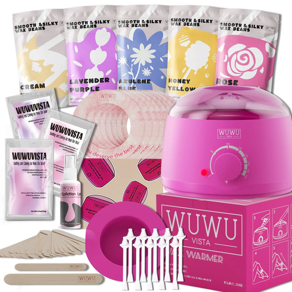 Professional waxing kit with wax warmer, pots of hard wax beans, applicator sticks, post-care lotion, and ice masks.