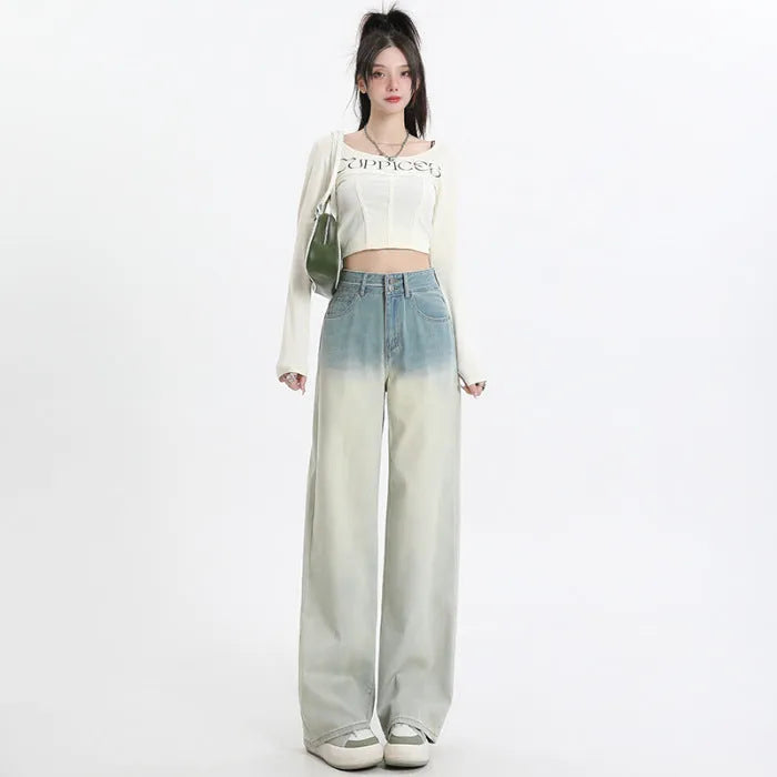 Women's gradient blue straight-leg wide trousers made from cotton denim fabric