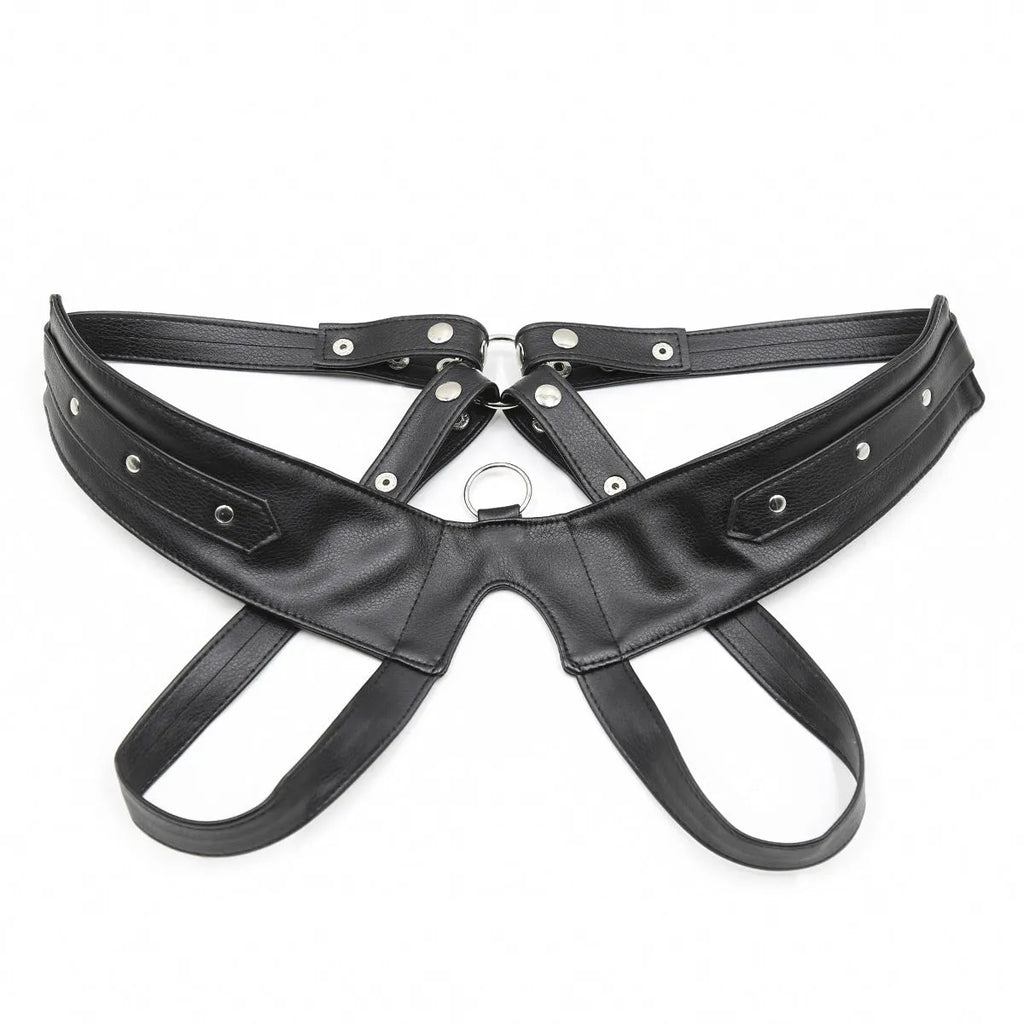 Men's black leather adjustable chest strap harness on torso