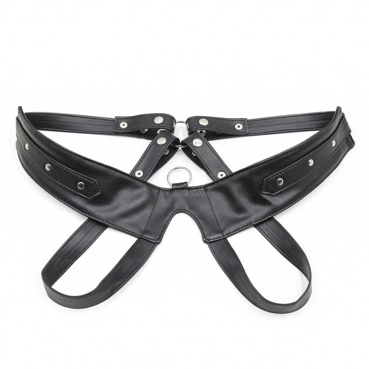 Men's black leather adjustable chest strap harness on torso
