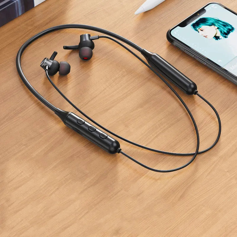Magnetic sucker neck sports Bluetooth headset in black with necklace-style band and earbuds clipped together