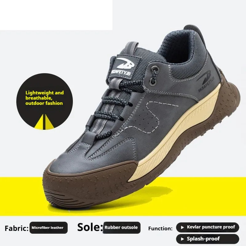 Leather and Flyknit work safety shoe with rubber sole shown in black, khaki, and grey colours