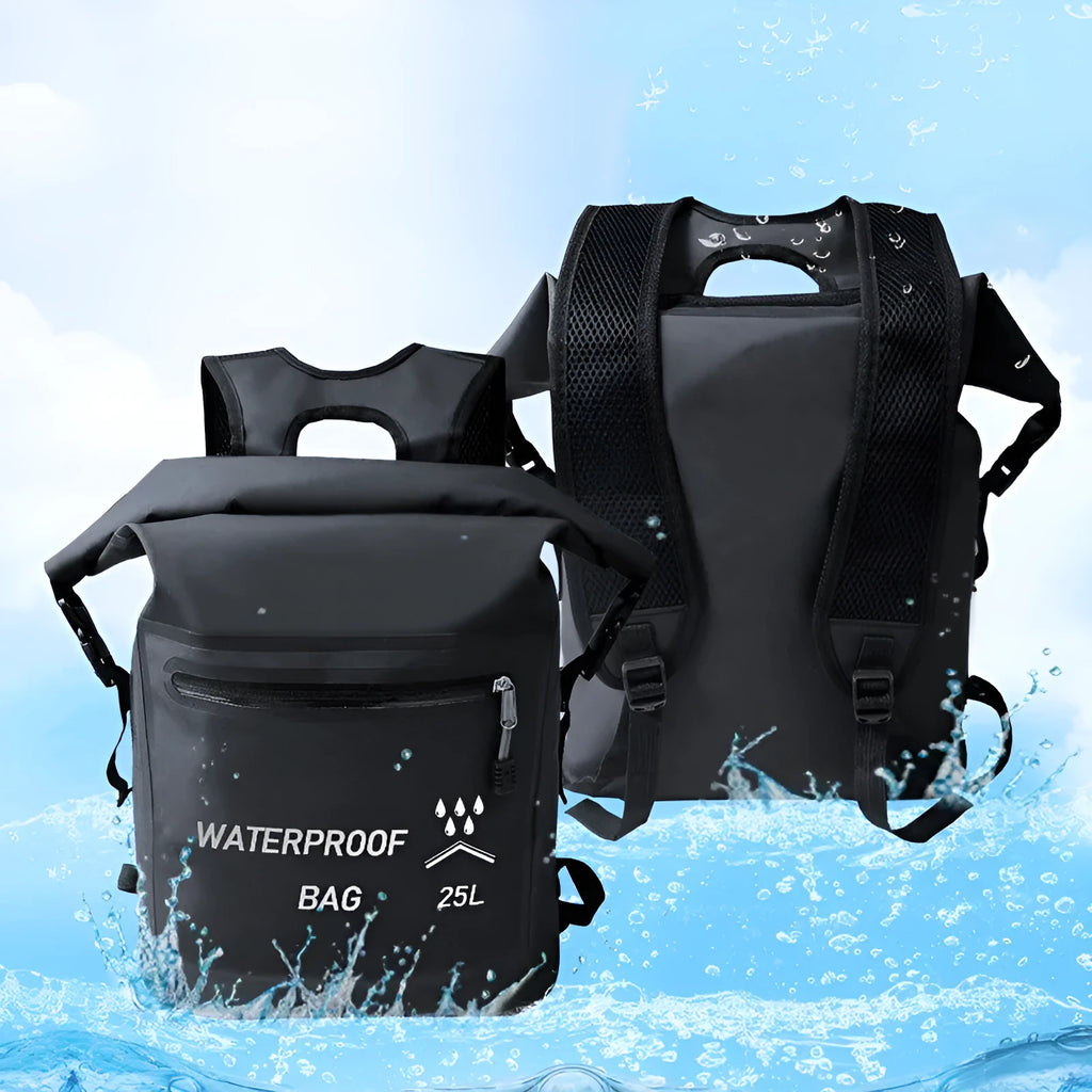 Black 25-litre waterproof outdoor backpack with 500D mesh for swimming and rafting