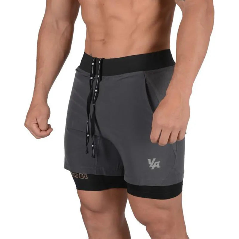 Men's double-layer 2-in-1 running shorts in black with phone pocket, quick-dry fabric for summer training