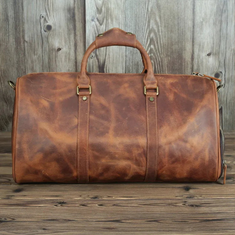 Horse leather men's travel bag in brown crazy horse cowhide finish, 50cm long