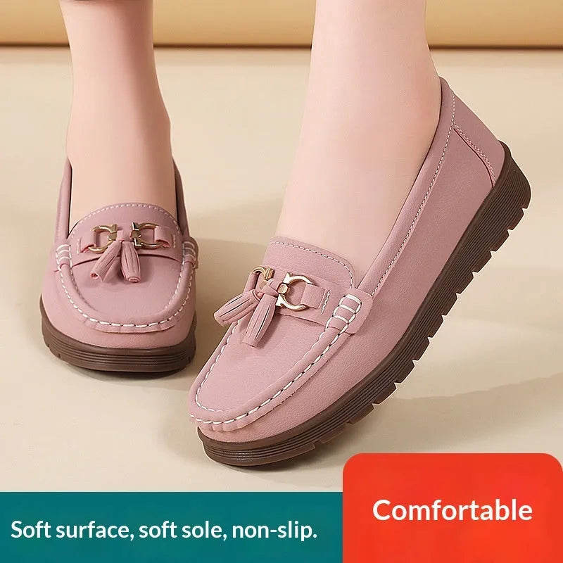 Women's plus-size suede moccasins flat loafers wedge heel non-slip beige gray pink
