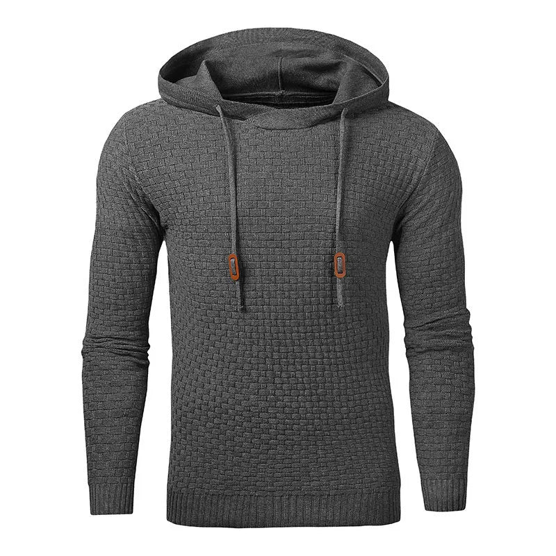 Men's black cotton-polyester hooded sweatshirt on a hanger