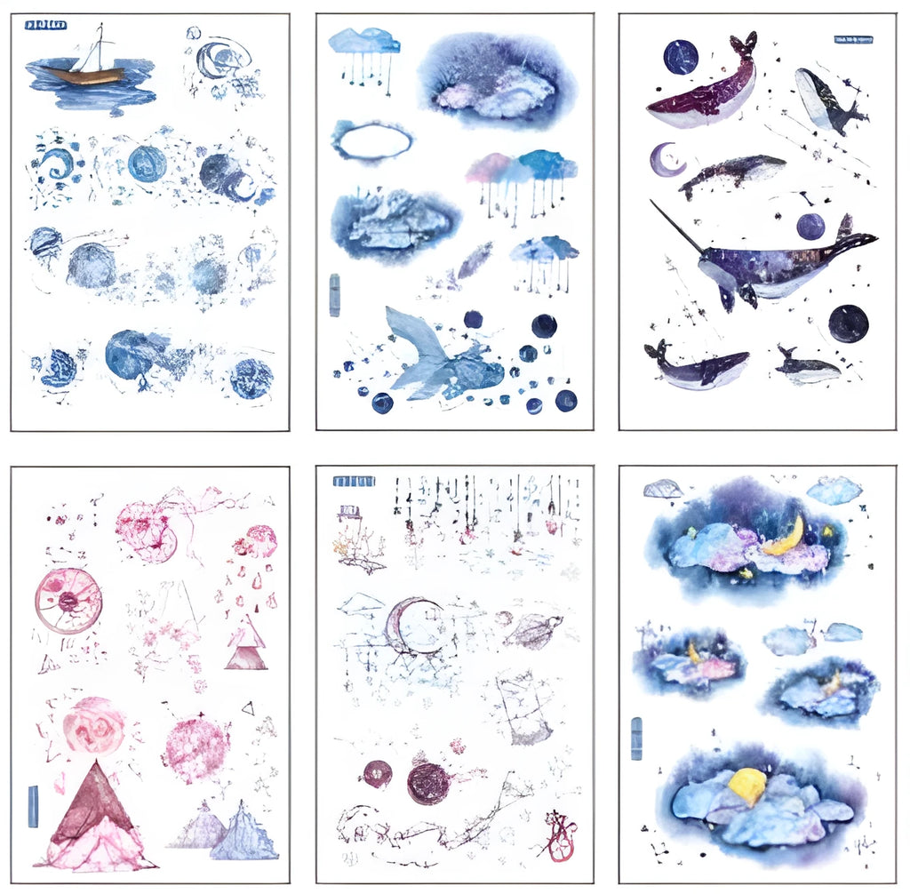Hand account sticker set with fantasy stars design on Japanese paper, measuring 10.5 by 14.1 cm