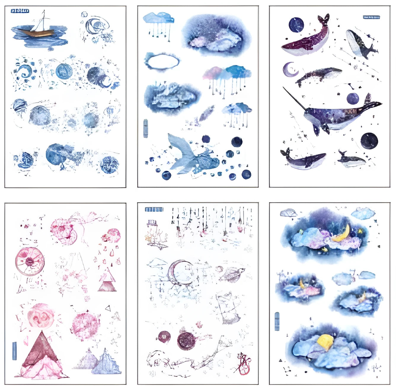 Hand account sticker set with fantasy stars design on Japanese paper, measuring 10.5 by 14.1 cm