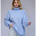 Women's high neck pullover sweater in loose fit with thick knit texture