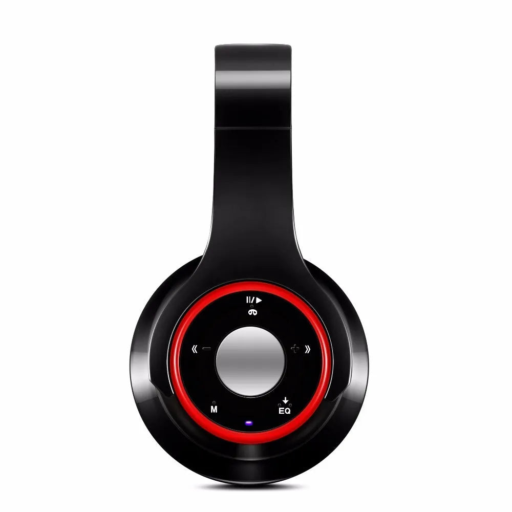 Foldable wireless Bluetooth headset with adjustable hinges in blue, red, or rose red colours
