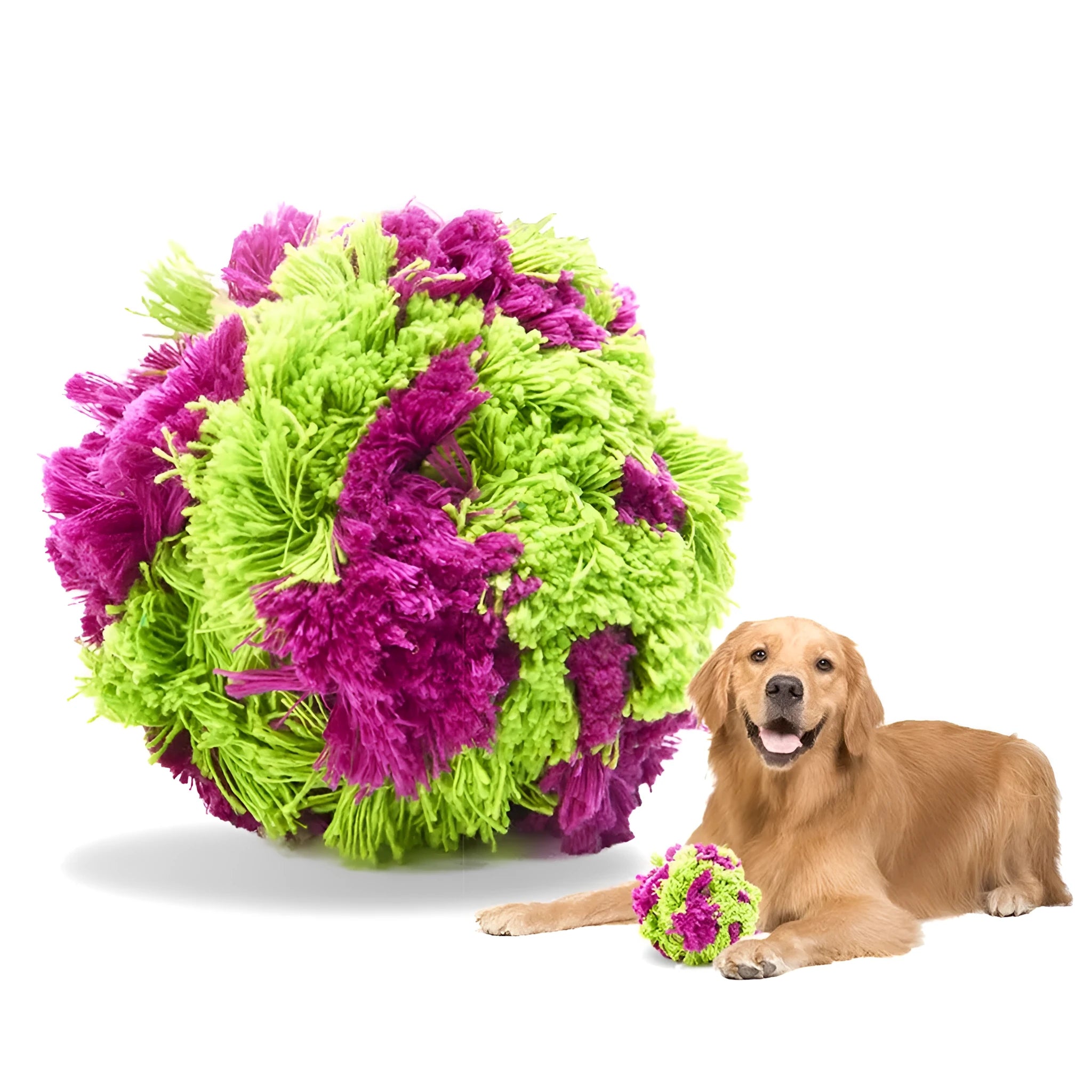 Purple soft plush dog knot ball toy with seaweed ball design measuring 15cm diameter