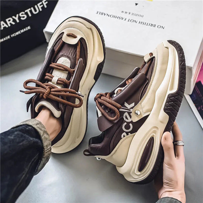 Men's casual sports waterproof dad shoes in solid colour with leather stitching, low-top round toe, platform heel, sizes 39-44