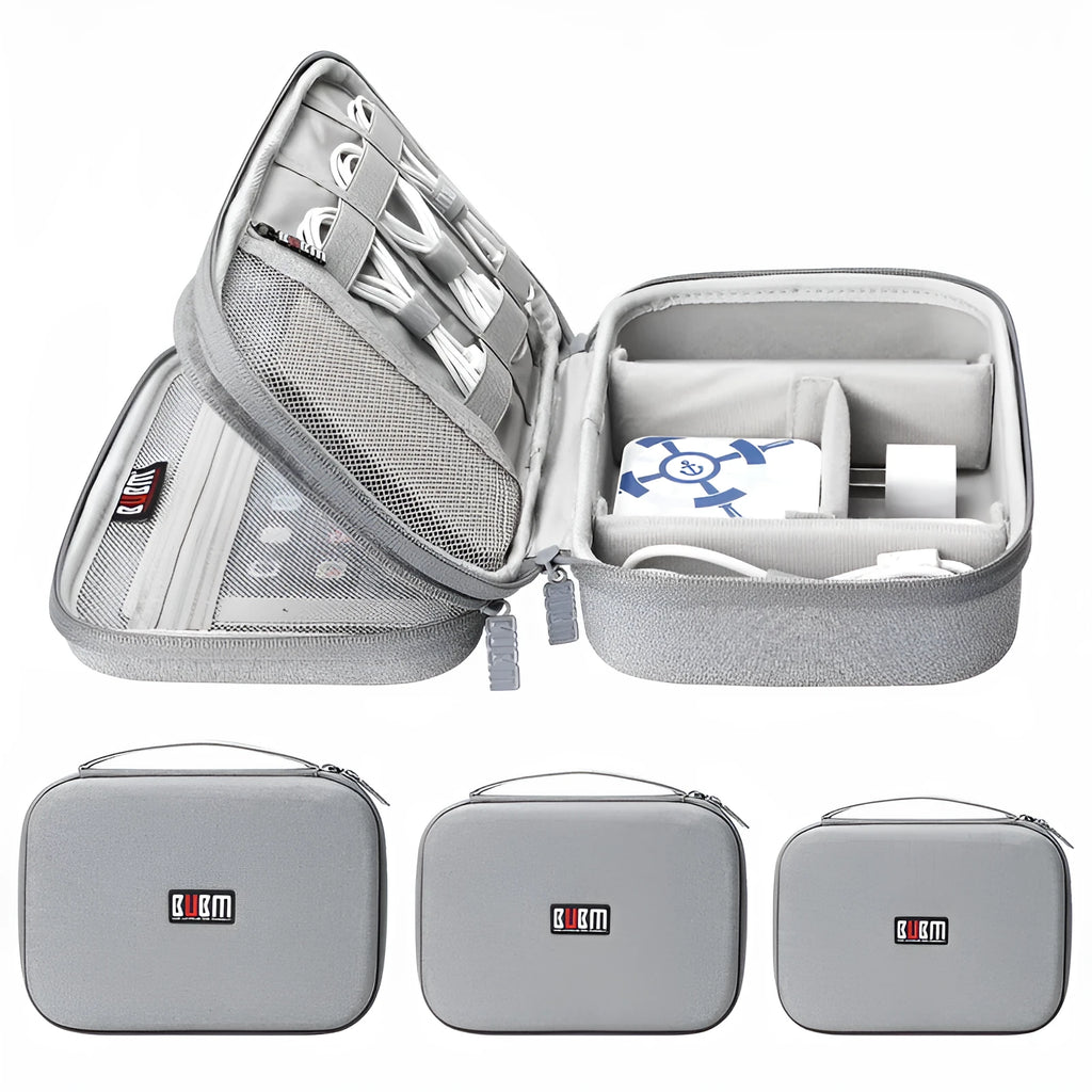 Black EVA digital storage bag for headphones and small electronics with organised compartments