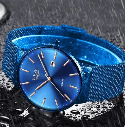 Men's stainless steel watch with 40mm dial on a metal bracelet in black, blue, or two-tone colour