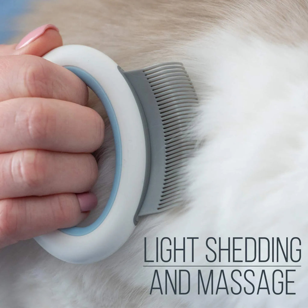 Blue pet grooming comb with ergonomic handle for cat and dog deshedding and dematting