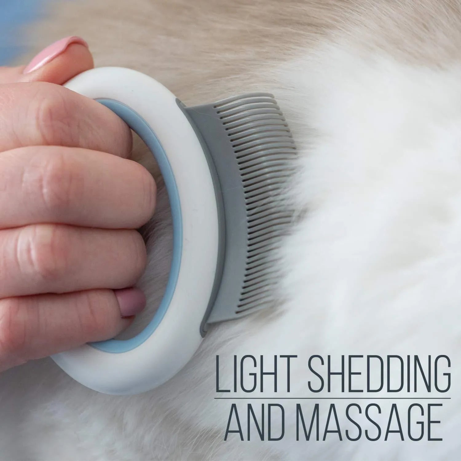 Blue pet grooming comb with ergonomic handle for cat and dog deshedding and dematting