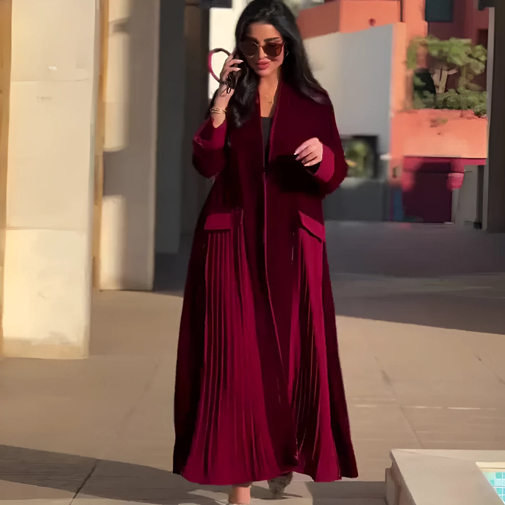 Women's wine red pleated stitching coat with long sleeves, street hipster style, sizes S to XXL.