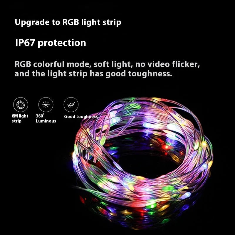 Rechargeable outdoor LED string lights with 30 beads on an 8-metre cord, showing both colourful and warm white light options.