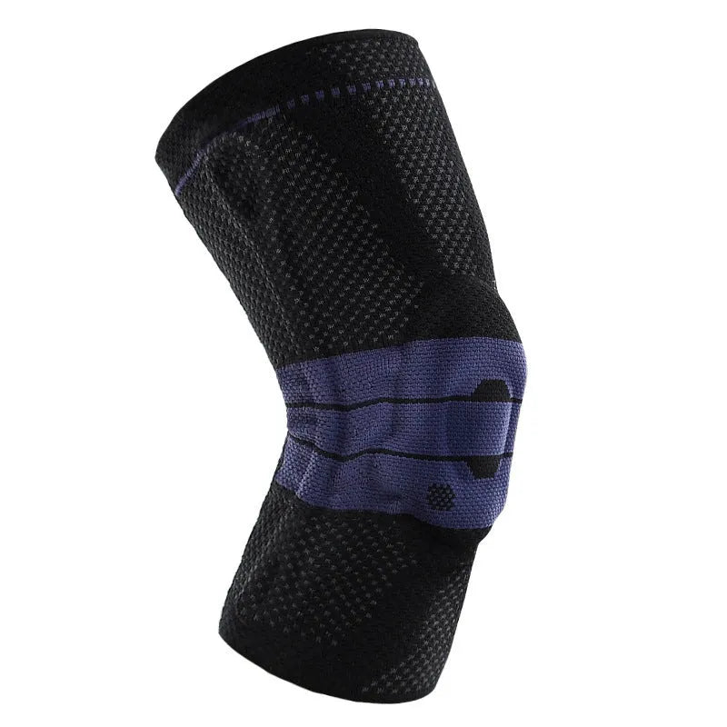 Black and blue adult sports knee pad made of nylon and spandex for basketball and running.