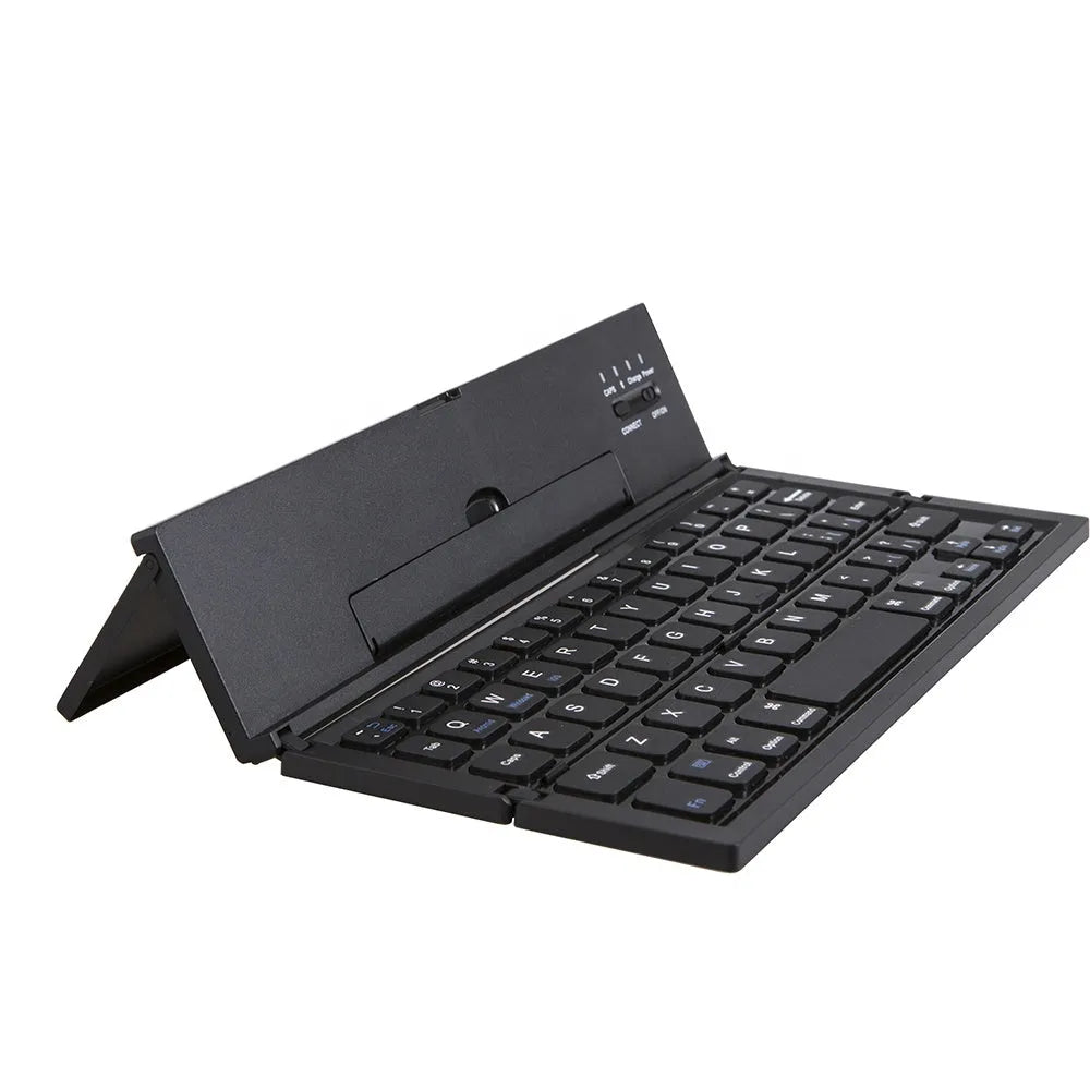 Black foldable Bluetooth keyboard for tablets with aluminium bottom and wrist support
