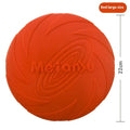 Soft rubber dog frisbee toy in red, blue, and green colours shown in small, medium, and large sizes.