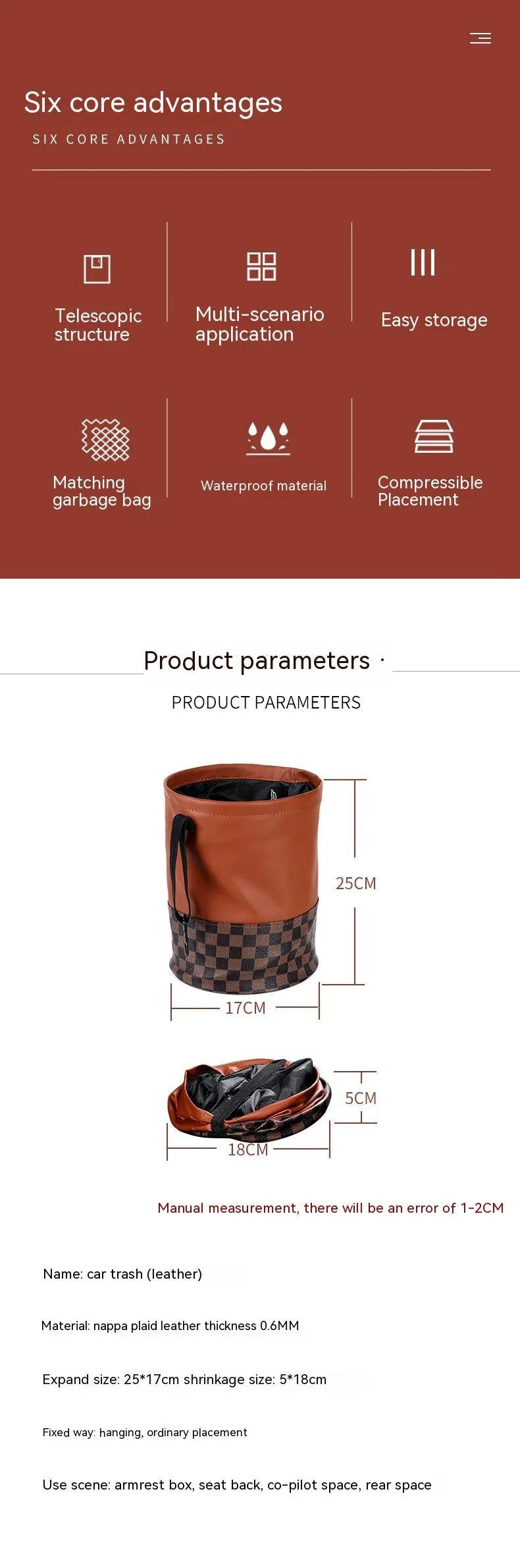 Retractable leather car bin showing folding design with carry handle for vehicle waste management