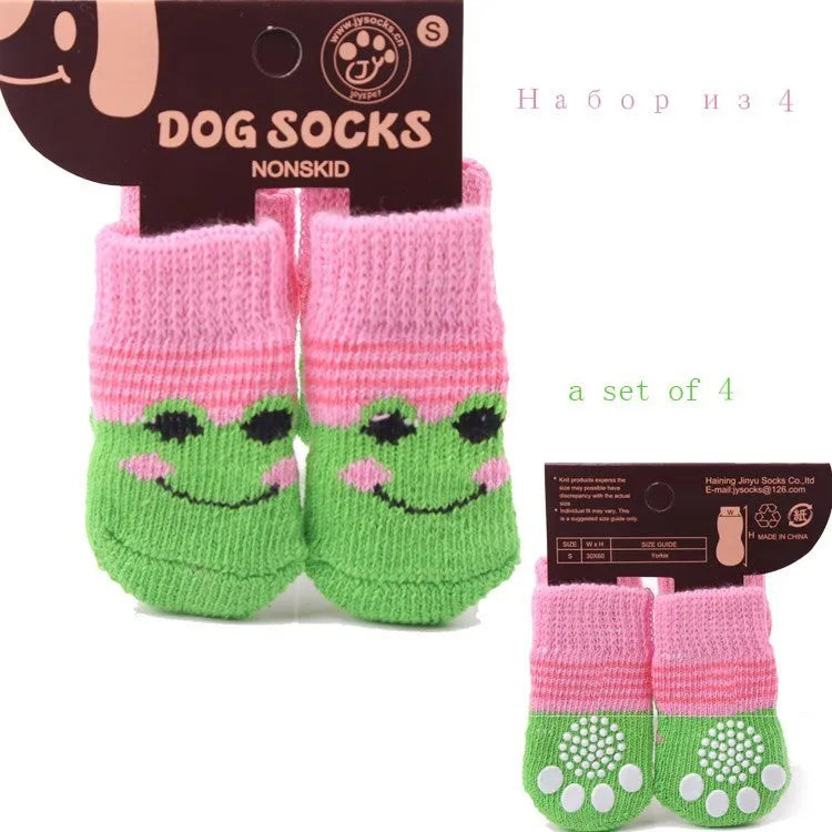 Four non-slip dog socks in pink, yellow, and green polyester fibre for small to medium dogs