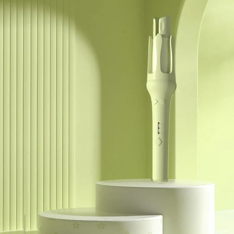 White and pink automatic hair curler with 32mm barrel and corded power supply