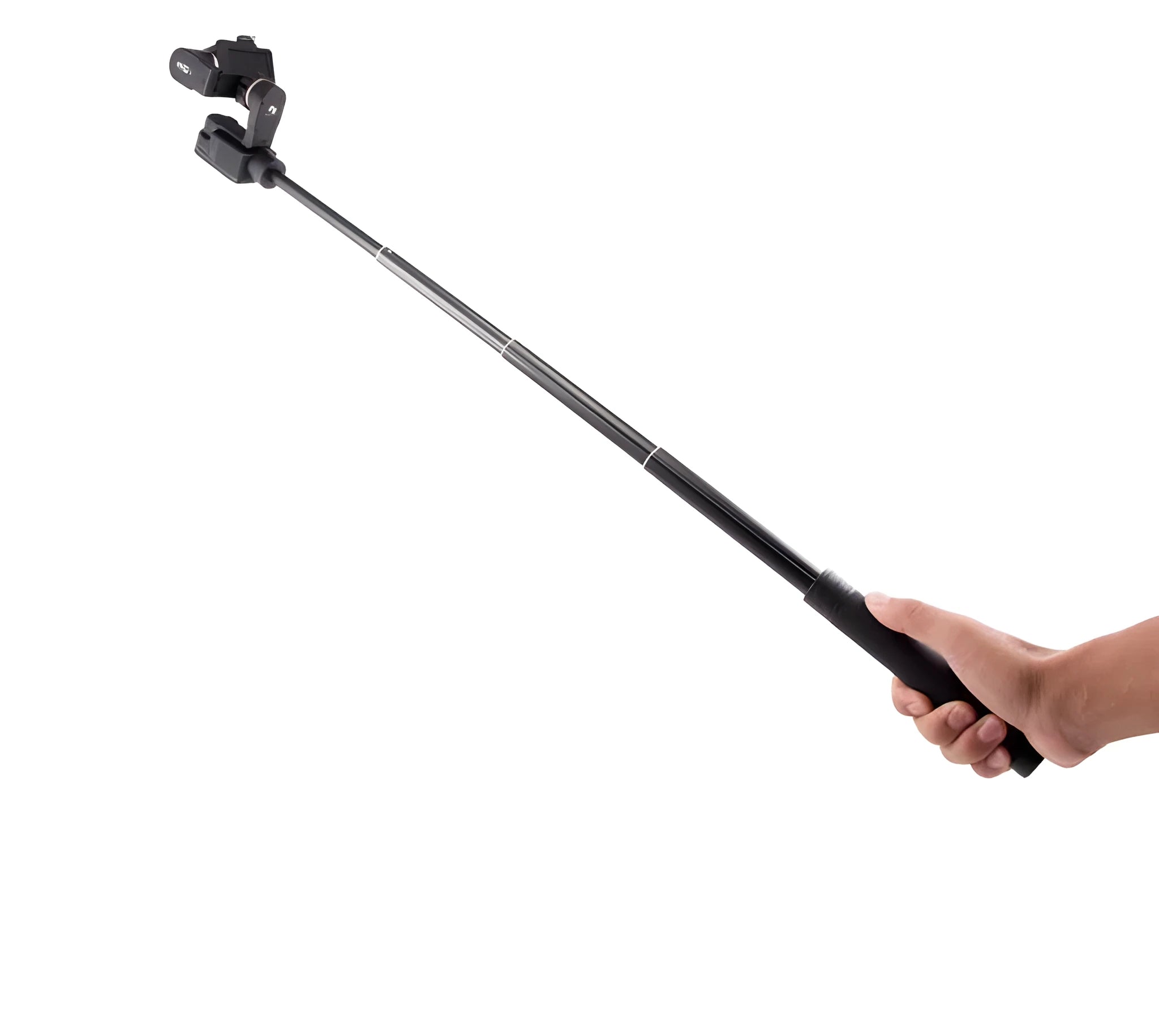 Black retractable selfie stick extended fully with phone attached, showing stabiliser grip.