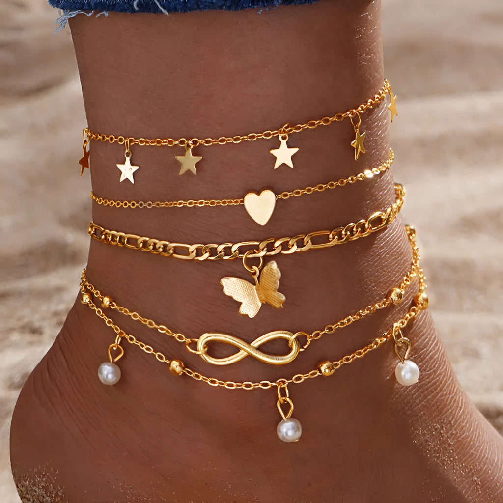 Butterfly love anklet set with four different alloy foot chains featuring heart and pearl charms