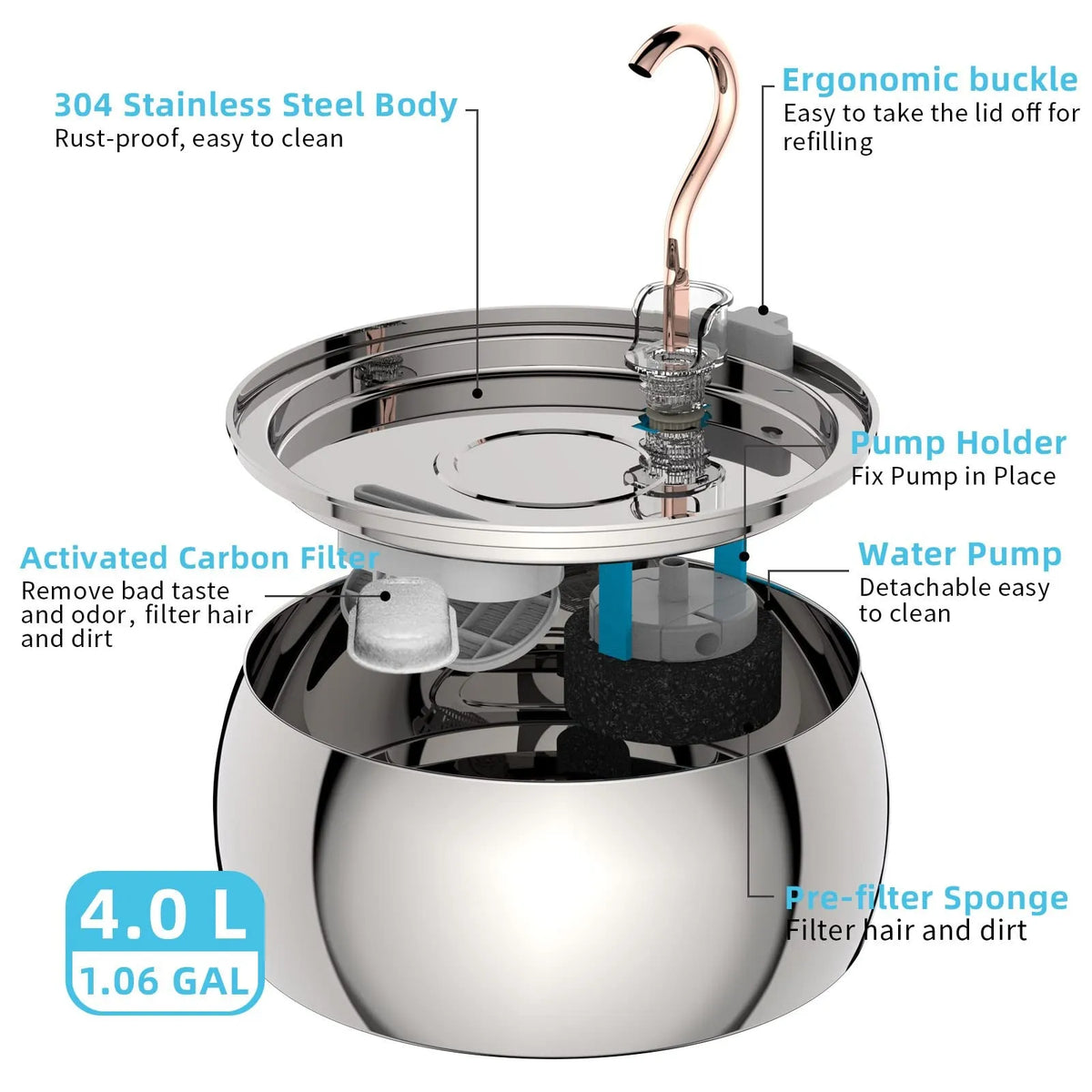 4L stainless steel pet water dispenser with copper tube gooseneck outlet and silent pump
