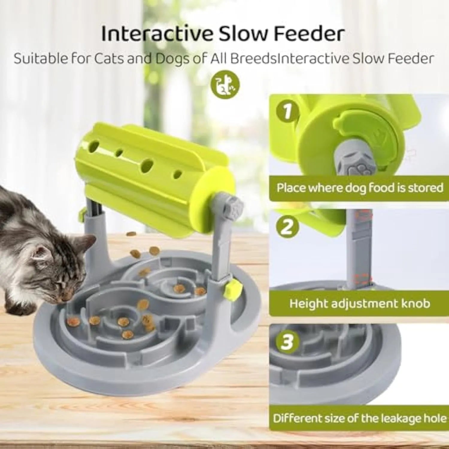 Interactive pet puzzle feeder bowl with adjustable height in blue, green and pink colour options