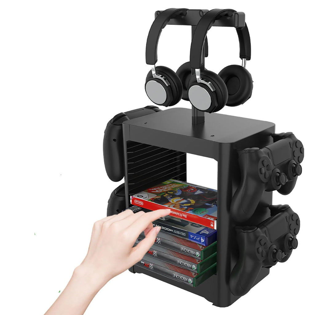 Black ABS plastic gaming console CD storage rack with headphone holder and pull-out drawer