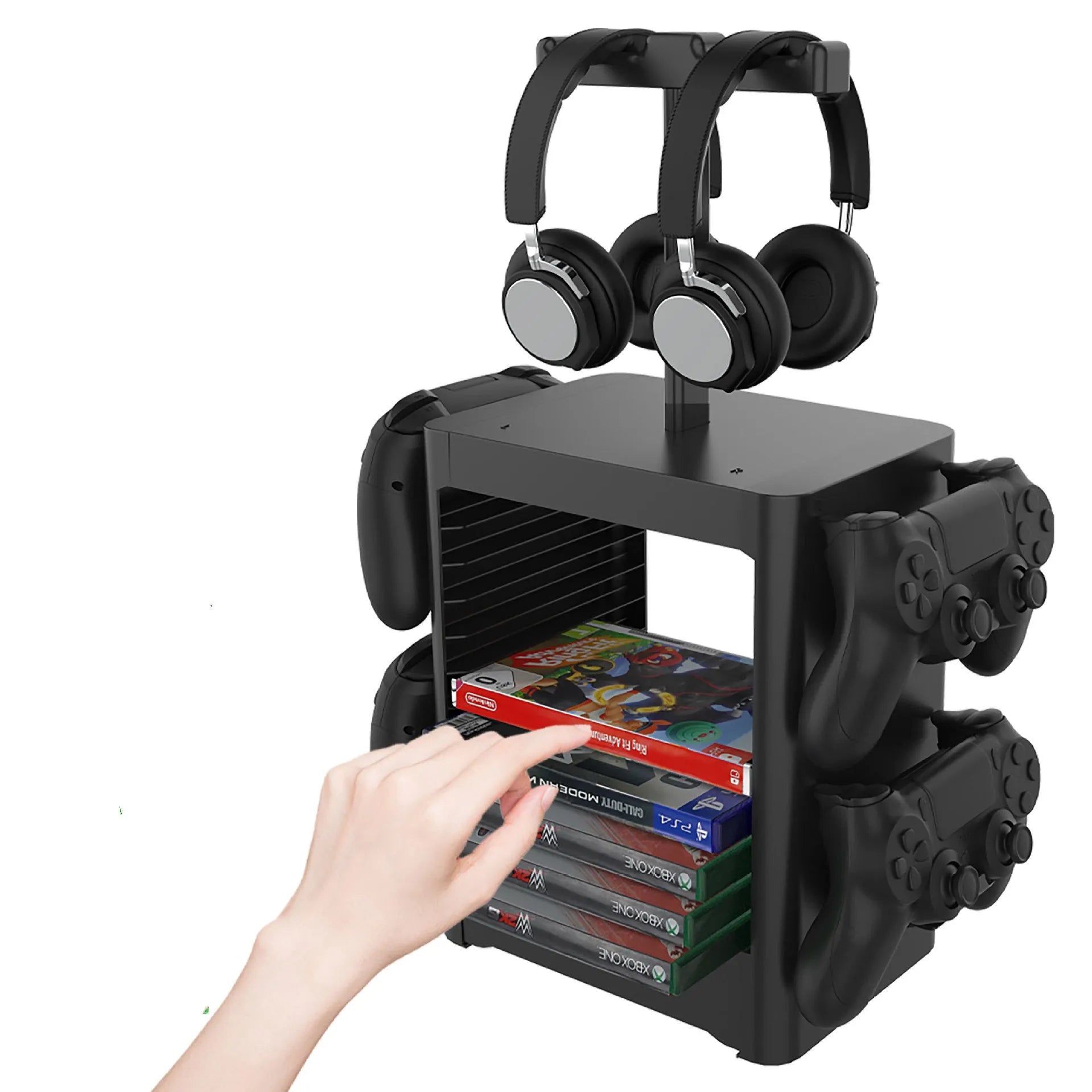 Black ABS plastic gaming console CD storage rack with headphone holder and pull-out drawer