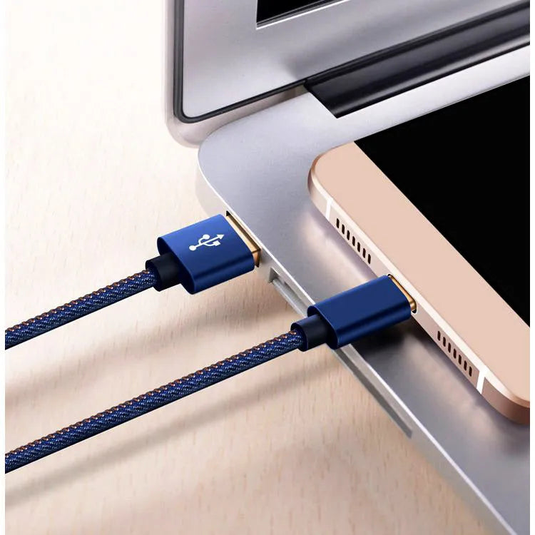 Denim braided USB Type-C charging cable with aluminium connectors in black, blue, or red.