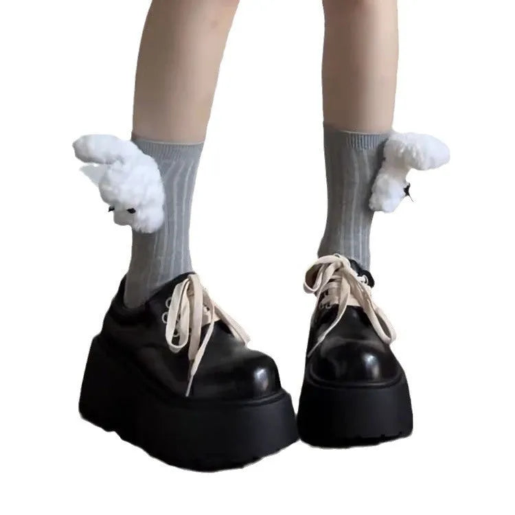 Matte black retro women's lace-up shoes with 6-8cm English muffin heel and thick rubber sole