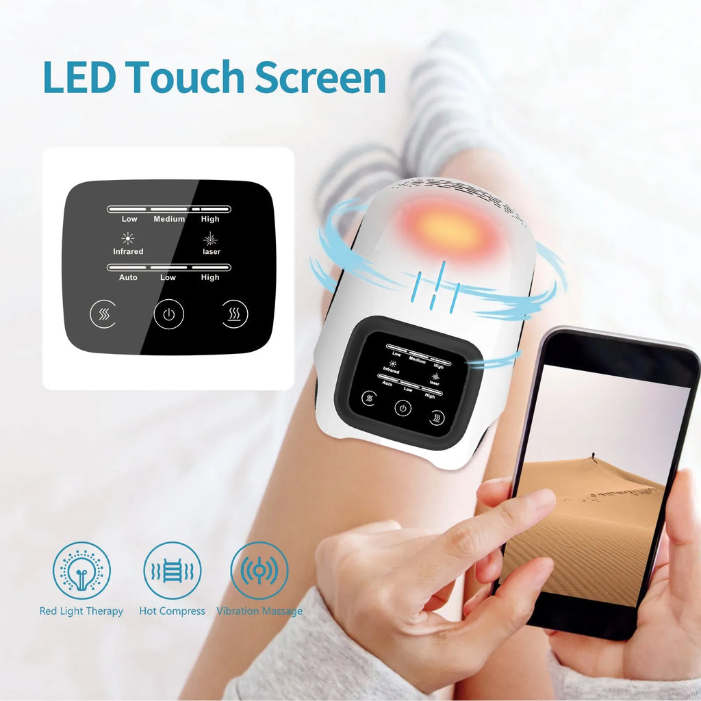 White electric knee massager showing flexible design with control panel and USB charging port