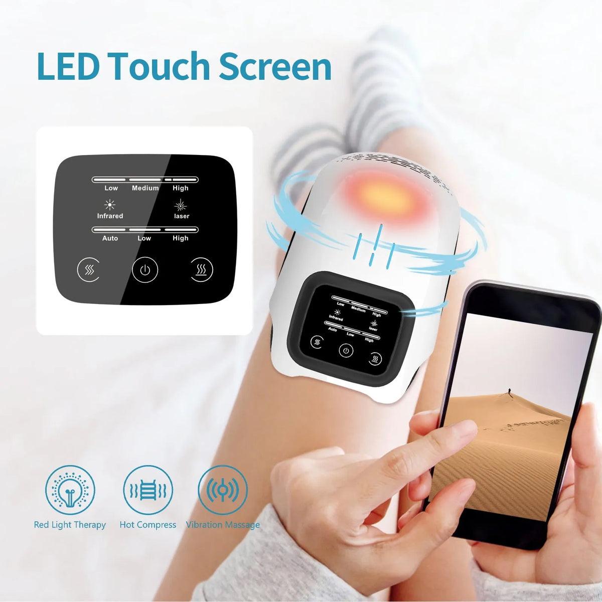 White electric knee massager showing flexible design with control panel and USB charging port