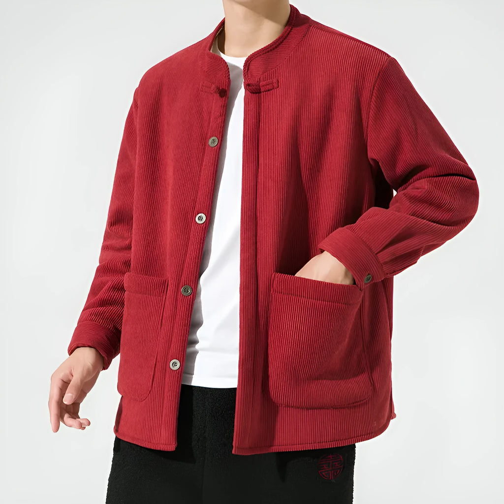 Men's hanfu stand collar buckle corduroy fleece jacket loose cardigan black wine red yellow