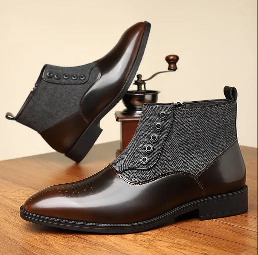 Brown men's formal shoes with square toe, side zipper, and low square heel on a rubber sole.