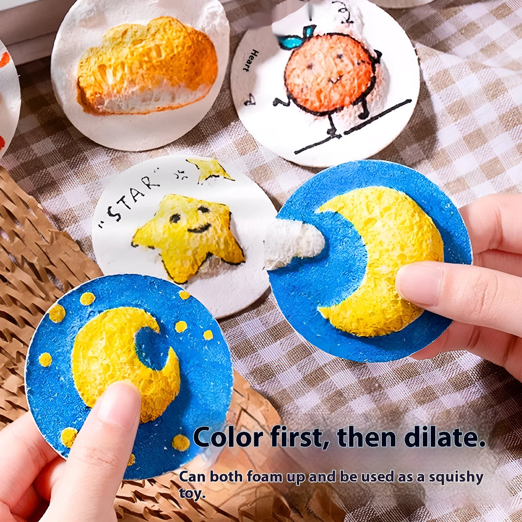 Painting sponge set with heart, round and square wood pulp paper sponges and six fountain pens